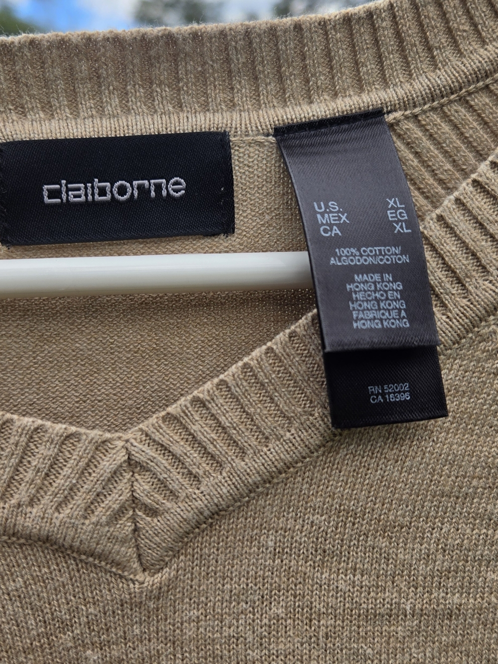 Claiborne Tan V-Neck Sweater with Red Shoulder Detail - Picture 2 of 5
